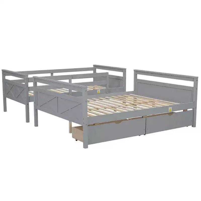 Lit superposé double en bois massif avec deux tiroirs de rangement, échelle amovible et garde-corps de sécurité, convertible en 2 lits séparés