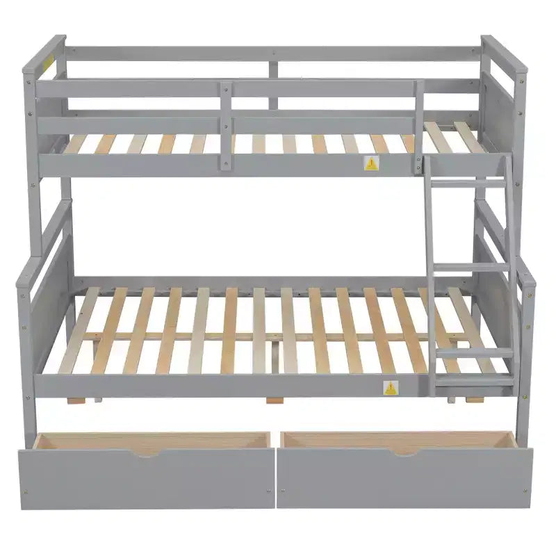 Lit superposé double en bois massif avec deux tiroirs de rangement, échelle amovible et garde-corps de sécurité, convertible en 2 lits séparés