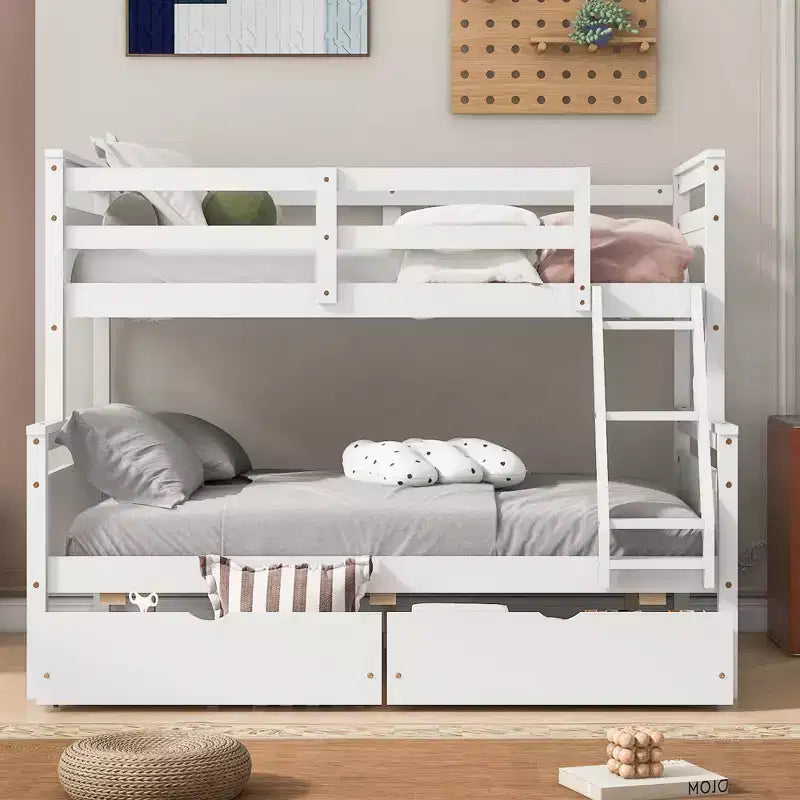Lit superposé double en bois massif avec deux tiroirs de rangement, échelle amovible et garde-corps de sécurité, convertible en 2 lits séparés