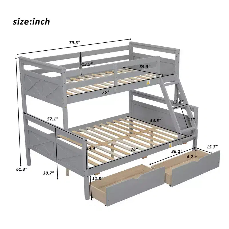 Lit superposé double en bois massif avec deux tiroirs de rangement, échelle amovible et garde-corps de sécurité, convertible en 2 lits séparés