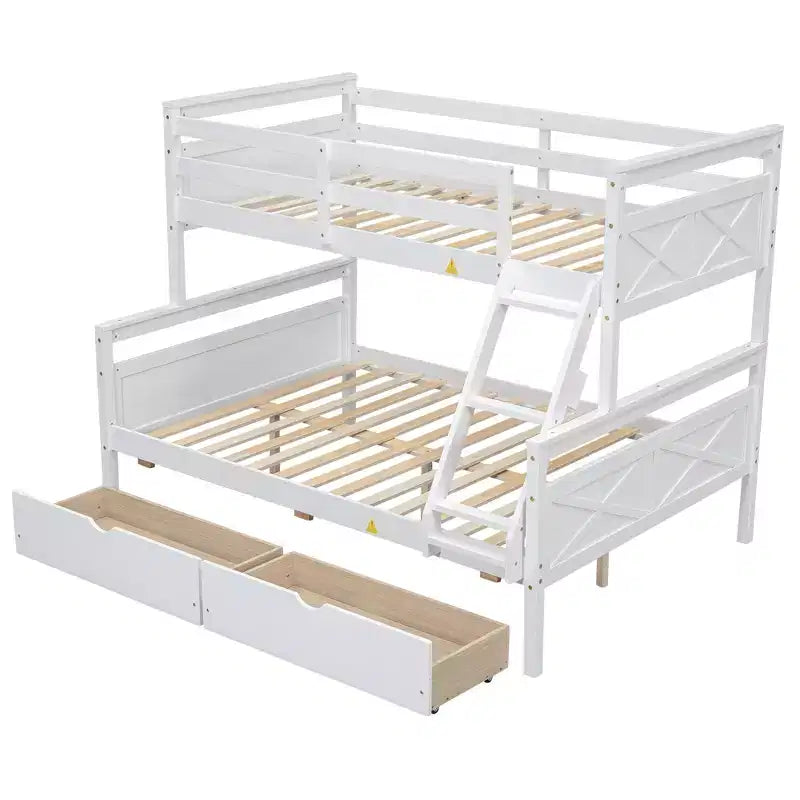 Lit superposé double en bois massif avec deux tiroirs de rangement, échelle amovible et garde-corps de sécurité, convertible en 2 lits séparés