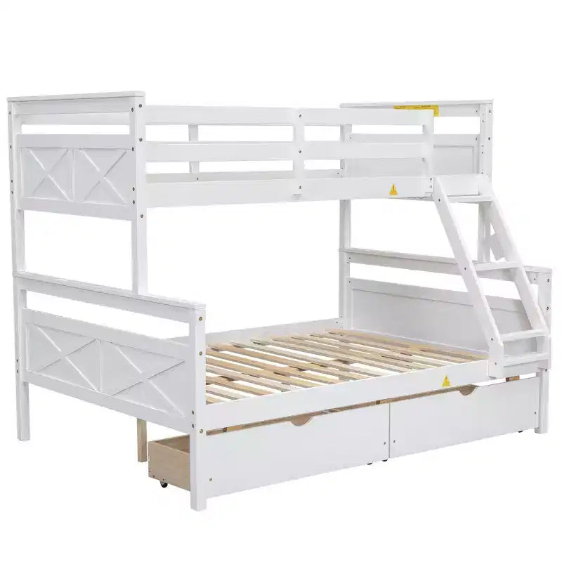 Lit superposé double en bois massif avec deux tiroirs de rangement, échelle amovible et garde-corps de sécurité, convertible en 2 lits séparés