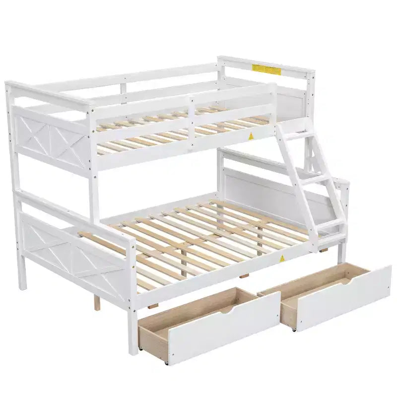 Lit superposé double en bois massif avec deux tiroirs de rangement, échelle amovible et garde-corps de sécurité, convertible en 2 lits séparés