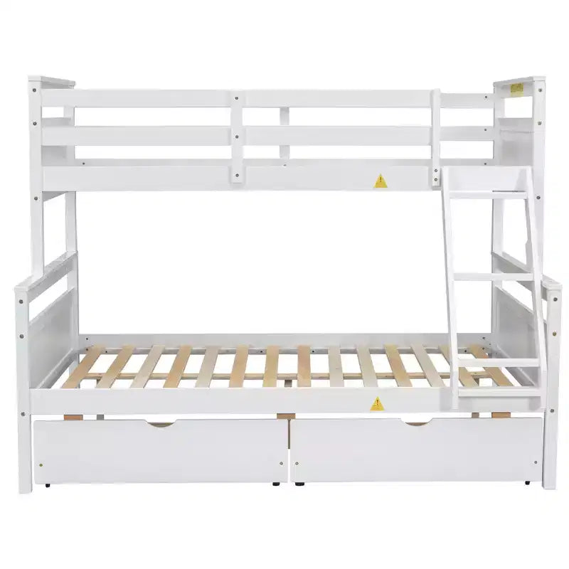 Lit superposé double en bois massif avec deux tiroirs de rangement, échelle amovible et garde-corps de sécurité, convertible en 2 lits séparés