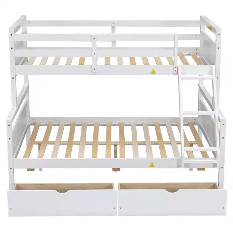 Lit superposé double en bois massif avec deux tiroirs de rangement, échelle amovible et garde-corps de sécurité, convertible en 2 lits séparés