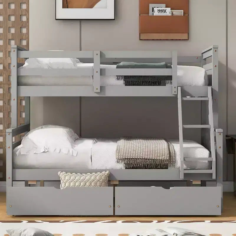 Lit superposé double en bois massif avec deux tiroirs de rangement, échelle amovible et garde-corps de sécurité, convertible en 2 lits séparés