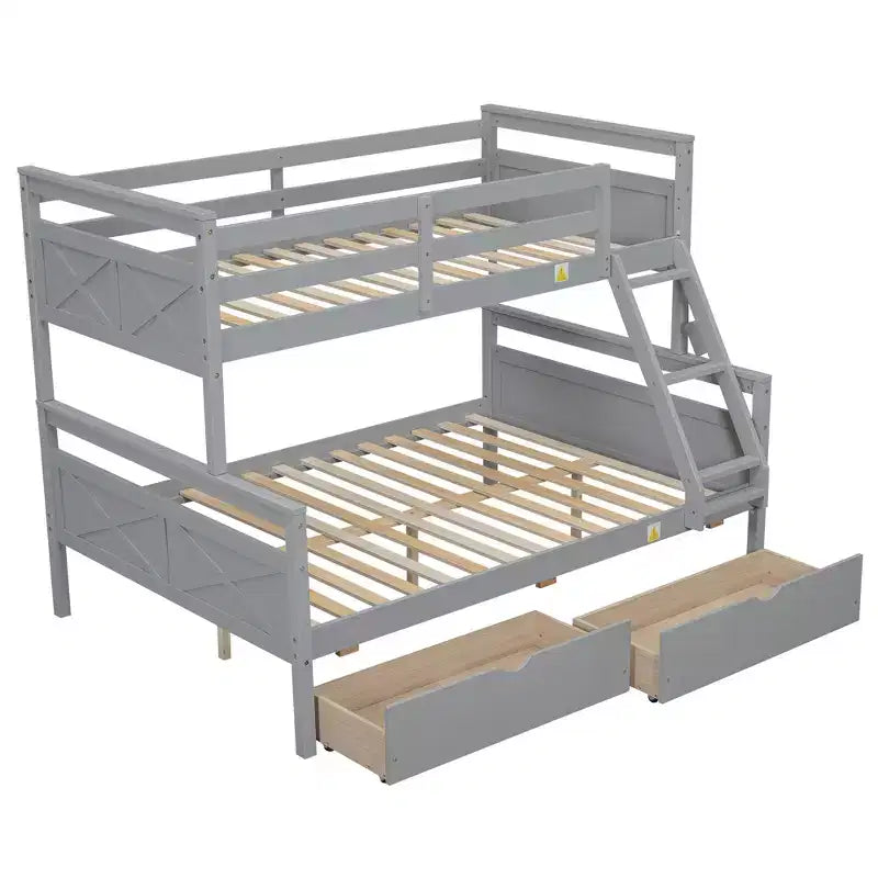 Lit superposé double en bois massif avec deux tiroirs de rangement, échelle amovible et garde-corps de sécurité, convertible en 2 lits séparés