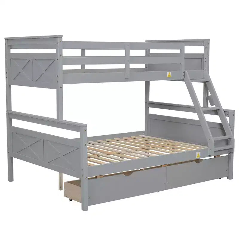 Lit superposé double en bois massif avec deux tiroirs de rangement, échelle amovible et garde-corps de sécurité, convertible en 2 lits séparés