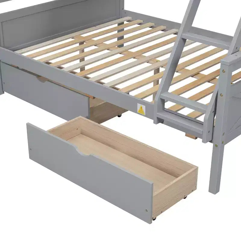 Lit superposé double en bois massif avec deux tiroirs de rangement, échelle amovible et garde-corps de sécurité, convertible en 2 lits séparés