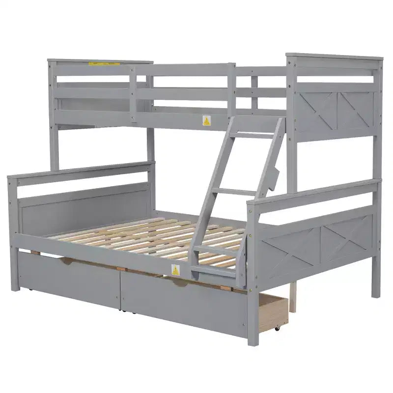 Lit superposé double en bois massif avec deux tiroirs de rangement, échelle amovible et garde-corps de sécurité, convertible en 2 lits séparés