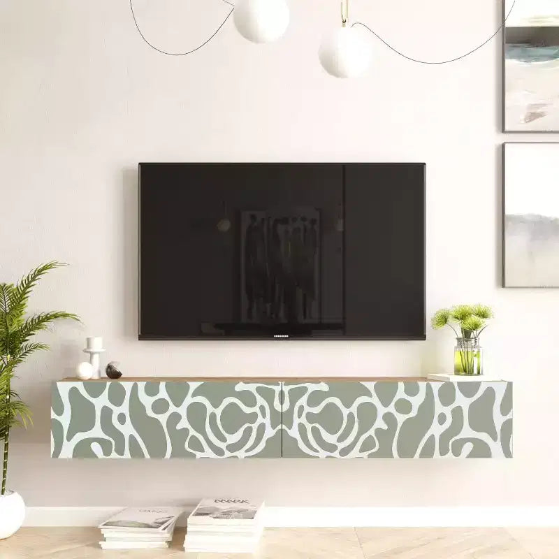 Meuble TV HomeStock Future Maze Pin-Blanc Imprimé UV 178 cm Console de divertissement flottante avec étagères de rangement et portes