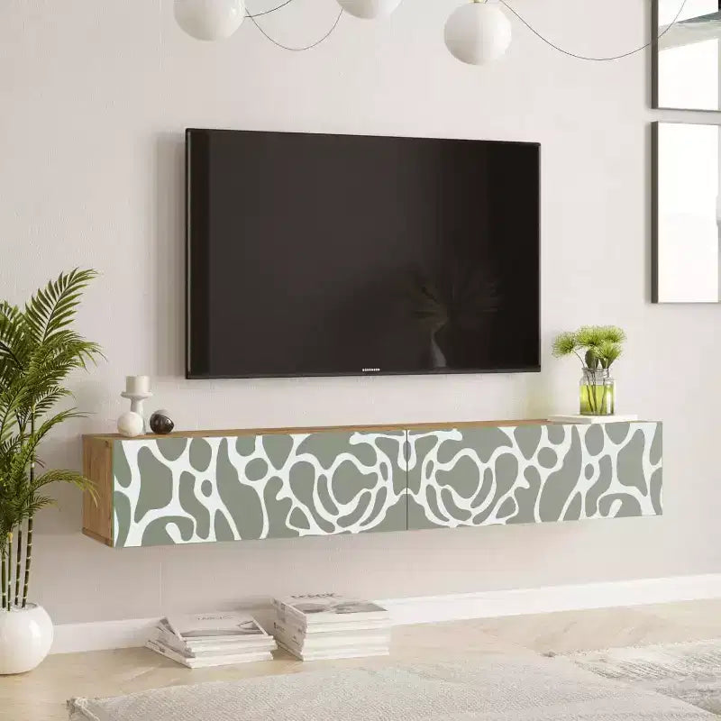 Meuble TV HomeStock Future Maze Pin-Blanc Imprimé UV 178 cm Console de divertissement flottante avec étagères de rangement et portes