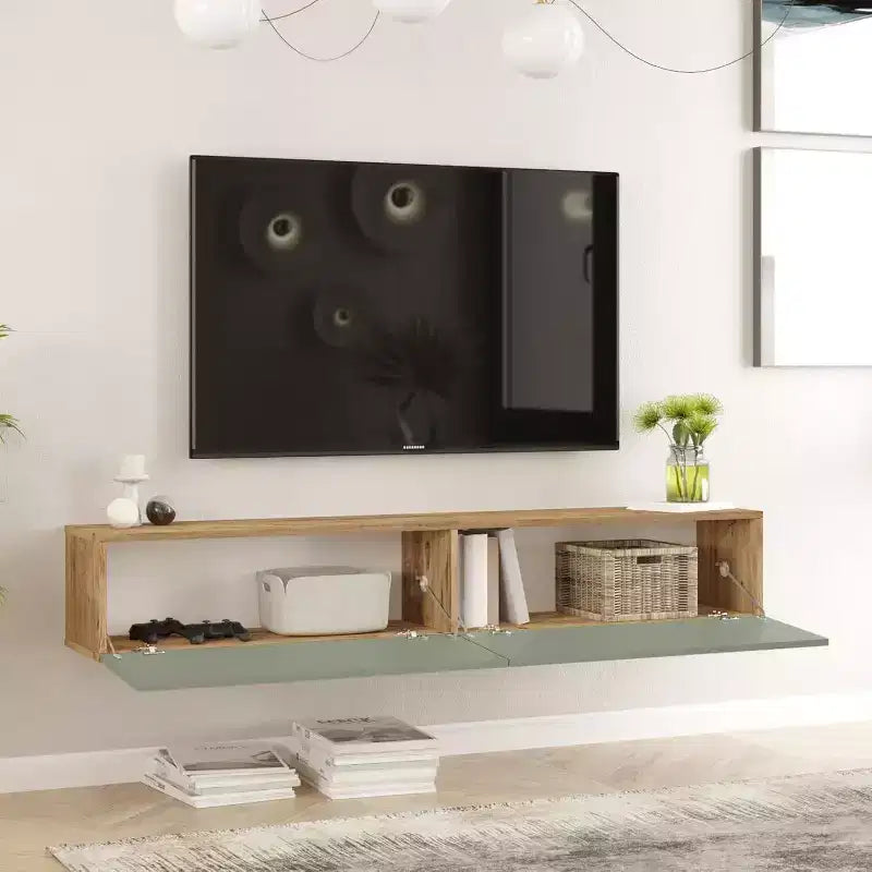 Meuble TV HomeStock Future Maze Pin-Blanc Imprimé UV 178 cm Console de divertissement flottante avec étagères de rangement et portes
