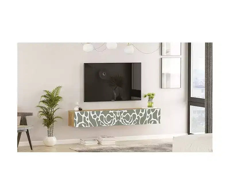 Meuble TV HomeStock Future Maze Pin-Blanc Imprimé UV 178 cm Console de divertissement flottante avec étagères de rangement et portes