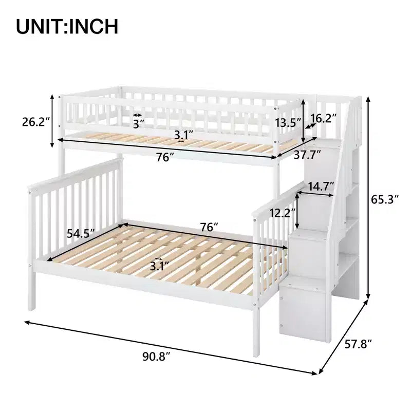 Lit mezzanine superposé deux places et lit double avec escalier, lit superposé en bois massif avec rangement et garde-corps pour enfants, adolescents et adultes