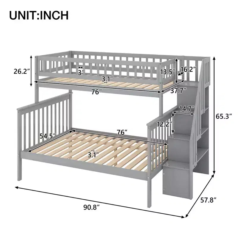 Lit mezzanine superposé deux places et lit double avec escalier, lit superposé en bois massif avec rangement et garde-corps pour enfants, adolescents et adultes