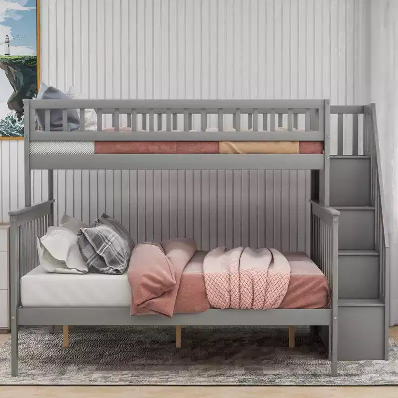 Lit mezzanine superposé deux places et lit double avec escalier, lit superposé en bois massif avec rangement et garde-corps pour enfants, adolescents et adultes