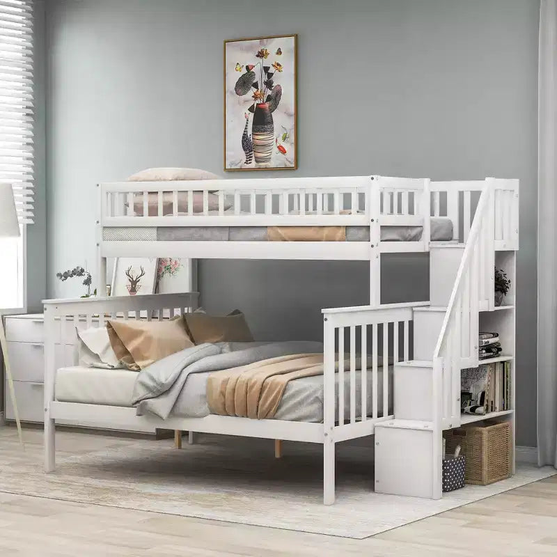 Lit mezzanine superposé deux places et lit double avec escalier, lit superposé en bois massif avec rangement et garde-corps pour enfants, adolescents et adultes