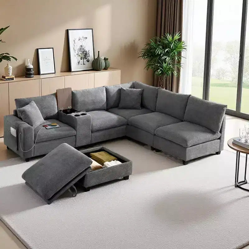 Canapé sectionnel modulaire en velours côtelé Polibi, multifonctionnel, surdimensionné, en U, 6 places, avec pouf de rangement