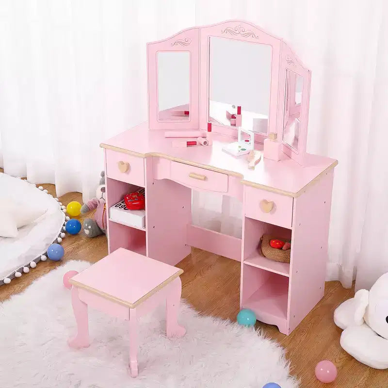 COZONY Ensemble Table et Tabouret de Coiffeuse pour Enfants - Coiffeuse Rose pour Filles avec Miroir, Tiroirs et Étagères de Rangement