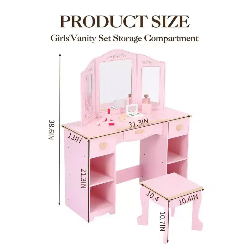 COZONY Ensemble Table et Tabouret de Coiffeuse pour Enfants - Coiffeuse Rose pour Filles avec Miroir, Tiroirs et Étagères de Rangement