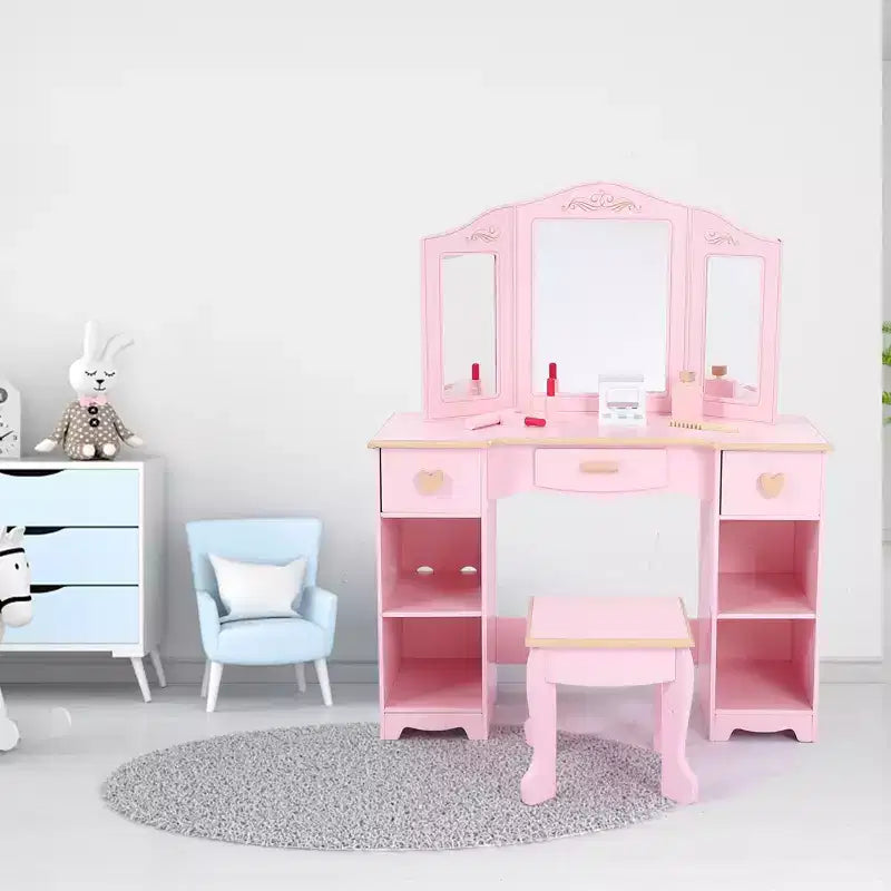 COZONY Ensemble Table et Tabouret de Coiffeuse pour Enfants - Coiffeuse Rose pour Filles avec Miroir, Tiroirs et Étagères de Rangement