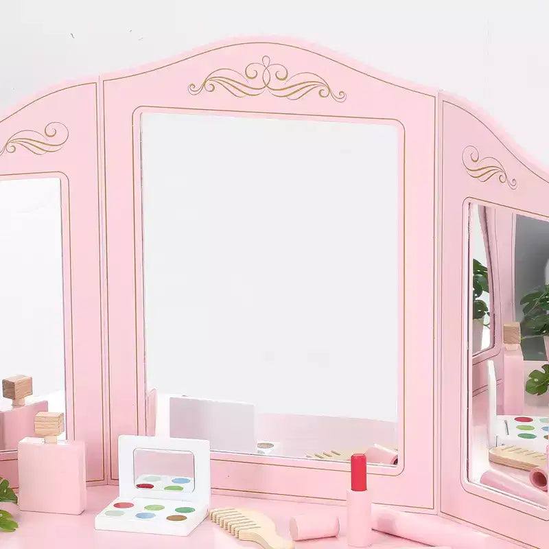 COZONY Ensemble Table et Tabouret de Coiffeuse pour Enfants - Coiffeuse Rose pour Filles avec Miroir, Tiroirs et Étagères de Rangement