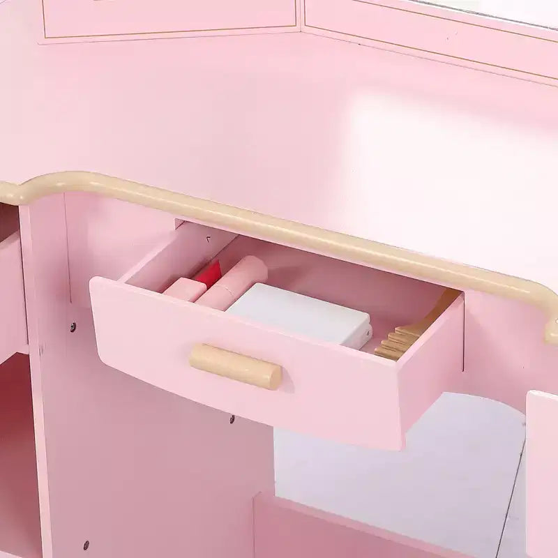 COZONY Ensemble Table et Tabouret de Coiffeuse pour Enfants - Coiffeuse Rose pour Filles avec Miroir, Tiroirs et Étagères de Rangement