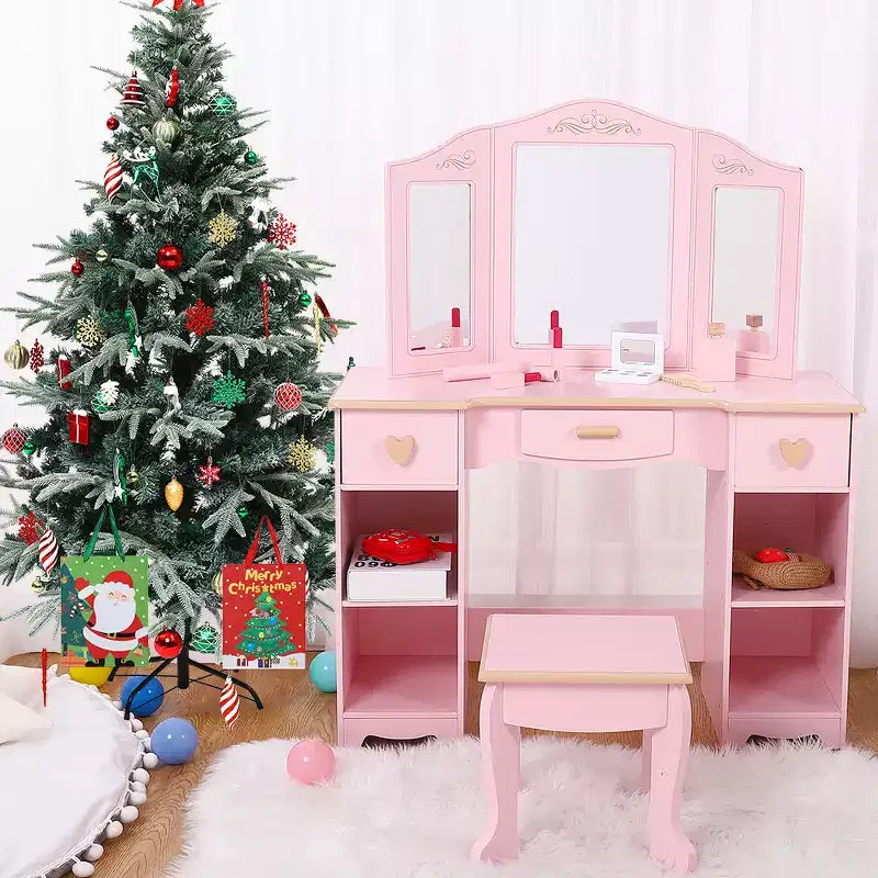 COZONY Ensemble Table et Tabouret de Coiffeuse pour Enfants - Coiffeuse Rose pour Filles avec Miroir, Tiroirs et Étagères de Rangement