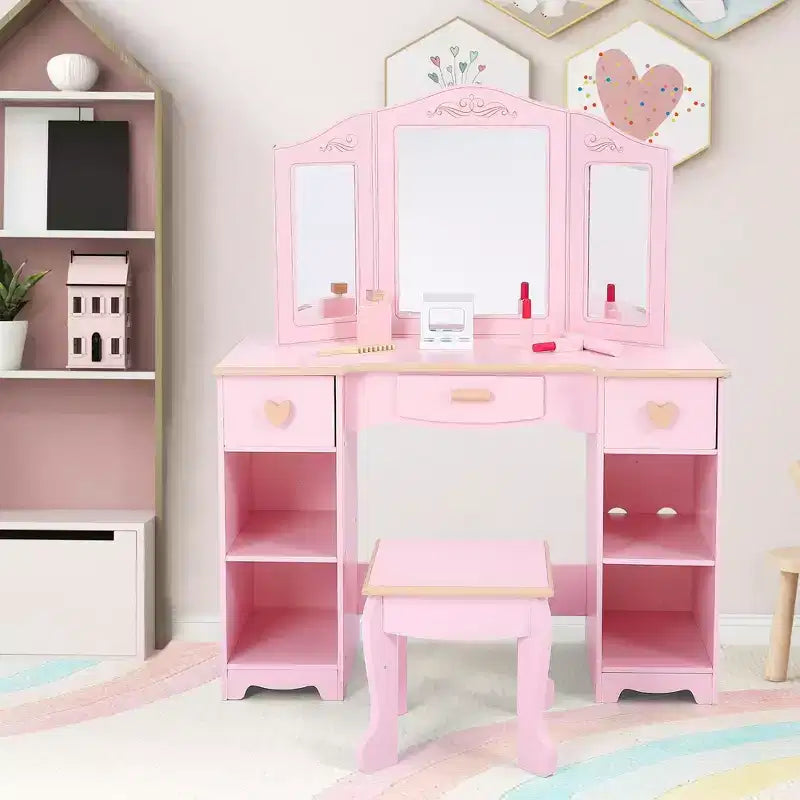 COZONY Ensemble Table et Tabouret de Coiffeuse pour Enfants - Coiffeuse Rose pour Filles avec Miroir, Tiroirs et Étagères de Rangement