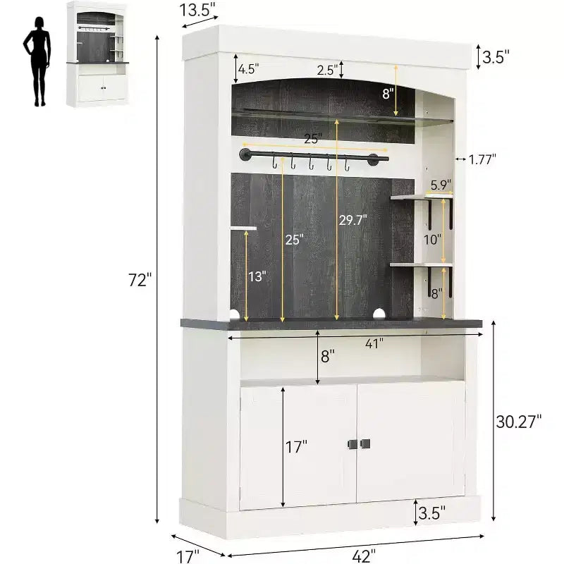 Meuble de bar à café Acekool, buffet de ferme haut avec étagère en verre, armoire de rangement, porte-bouteilles, éclairage réglable, blanc antique et chêne, 72x42
