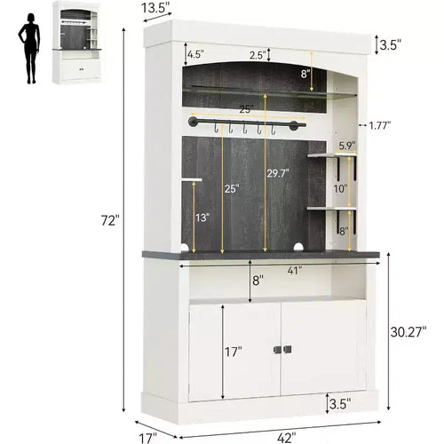 Meuble de bar à café Acekool, buffet de ferme haut avec étagère en verre, armoire de rangement, porte-bouteilles, éclairage réglable, blanc antique et chêne, 72x42