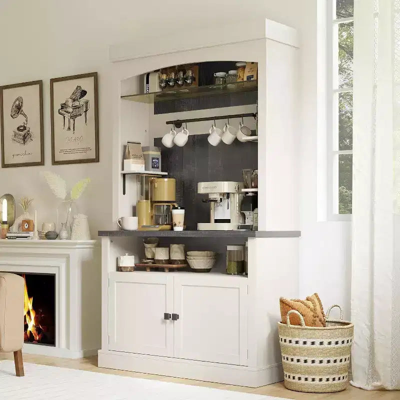 Meuble de bar à café Acekool, buffet de ferme haut avec étagère en verre, armoire de rangement, porte-bouteilles, éclairage réglable, blanc antique et chêne, 72x42