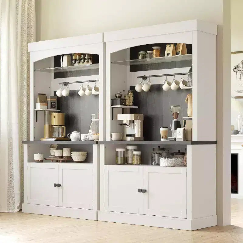 Meuble de bar à café Acekool, buffet de ferme haut avec étagère en verre, armoire de rangement, porte-bouteilles, éclairage réglable, blanc antique et chêne, 72x42