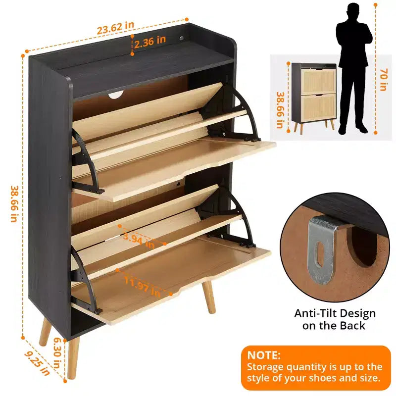 Meuble à chaussures en rotin naturel avec 2 tiroirs, profondeur étroite de 23,5 cm, pour entrée