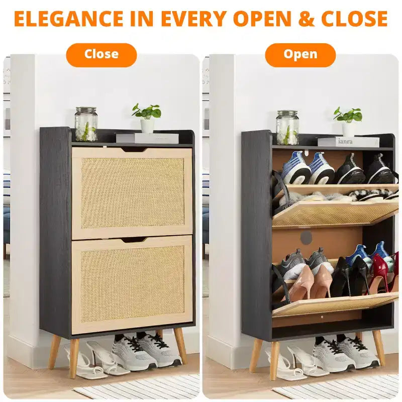 Meuble à chaussures en rotin naturel avec 2 tiroirs, profondeur étroite de 23,5 cm, pour entrée