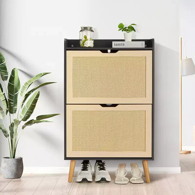 Meuble à chaussures en rotin naturel avec 2 tiroirs, profondeur étroite de 23,5 cm, pour entrée