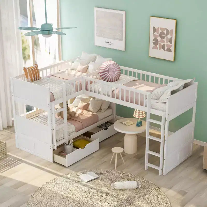 Lits superposés en bois en forme de L jumeaux avec 3 tiroirs de rangement, lit mezzanine triple en bois jumeau sur jumeau pour 3 enfants