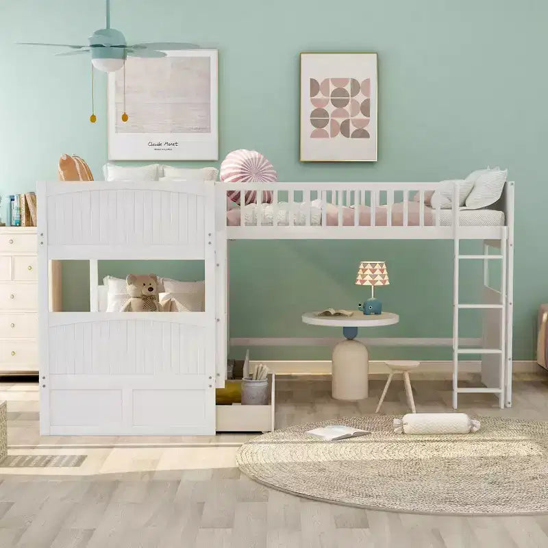 Lits superposés en bois en forme de L jumeaux avec 3 tiroirs de rangement, lit mezzanine triple en bois jumeau sur jumeau pour 3 enfants
