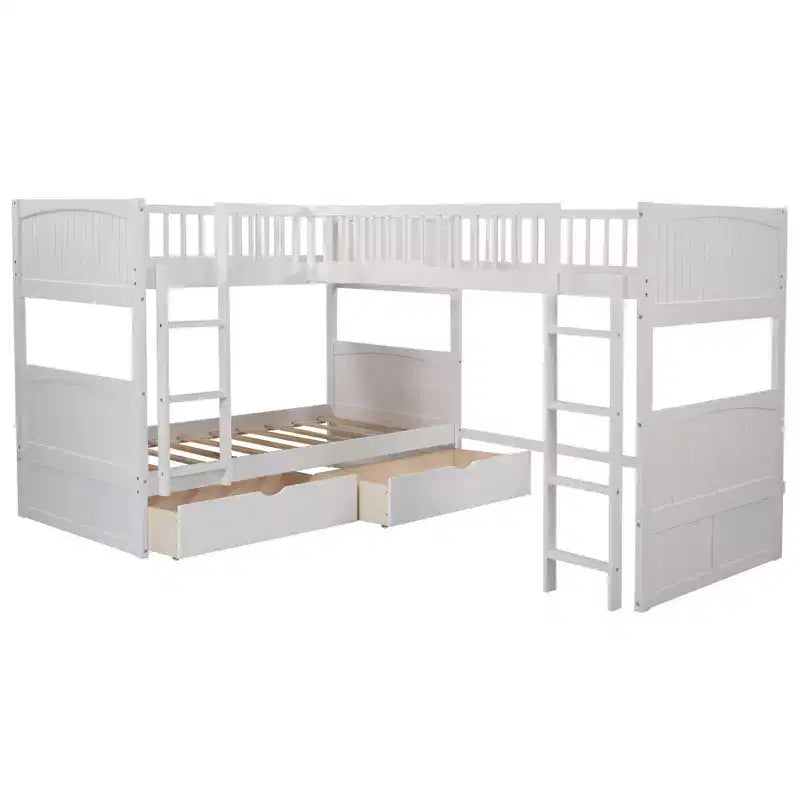 Lits superposés en bois en forme de L jumeaux avec 3 tiroirs de rangement, lit mezzanine triple en bois jumeau sur jumeau pour 3 enfants