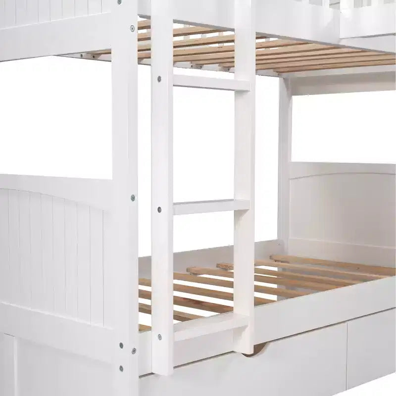 Lits superposés en bois en forme de L jumeaux avec 3 tiroirs de rangement, lit mezzanine triple en bois jumeau sur jumeau pour 3 enfants