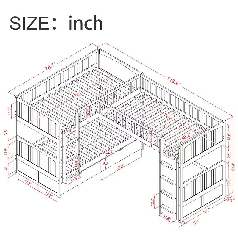 Lits superposés en bois en forme de L jumeaux avec 3 tiroirs de rangement, lit mezzanine triple en bois jumeau sur jumeau pour 3 enfants