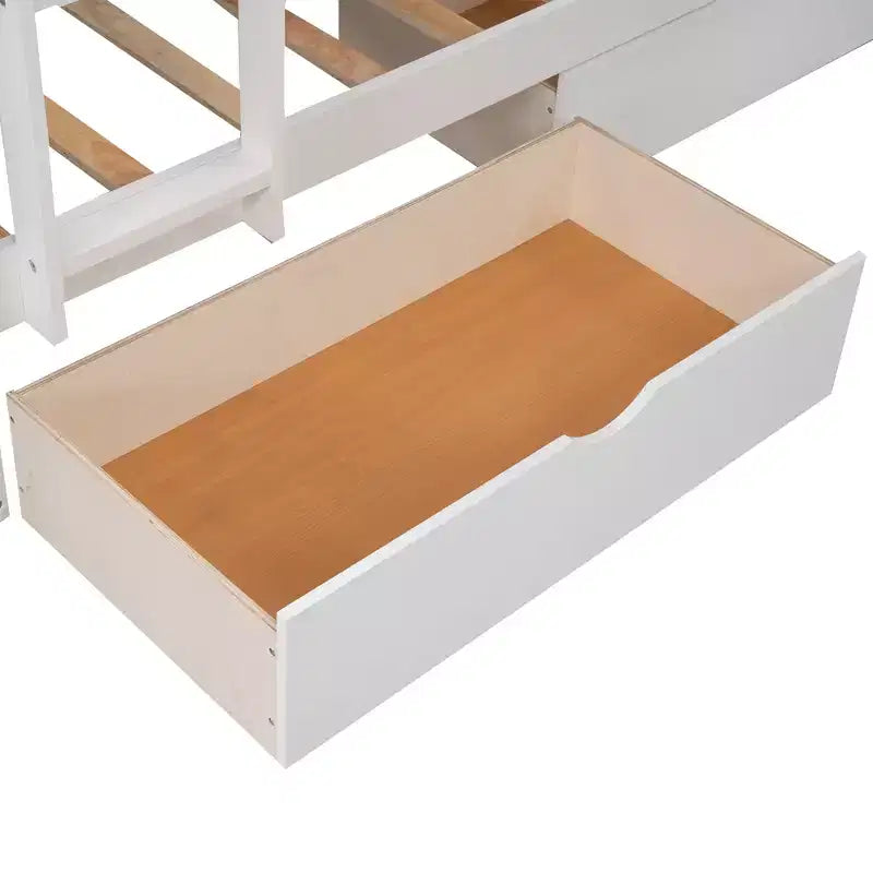 Lits superposés en bois en forme de L jumeaux avec 3 tiroirs de rangement, lit mezzanine triple en bois jumeau sur jumeau pour 3 enfants