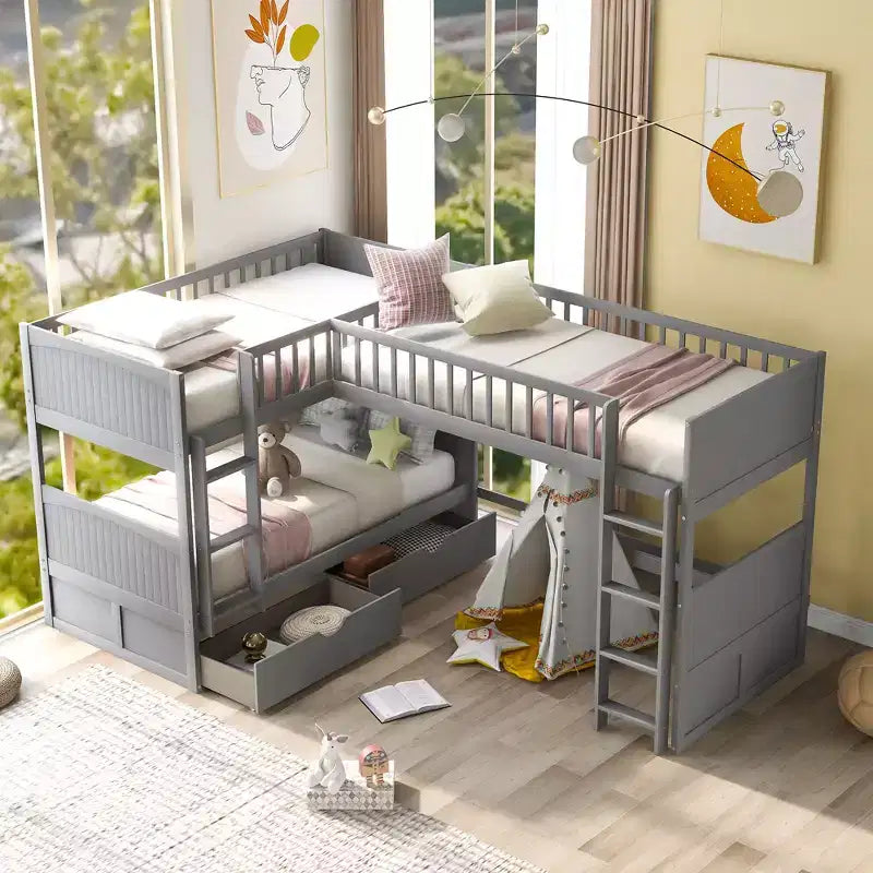 Lits superposés en bois en forme de L jumeaux avec 3 tiroirs de rangement, lit mezzanine triple en bois jumeau sur jumeau pour 3 enfants