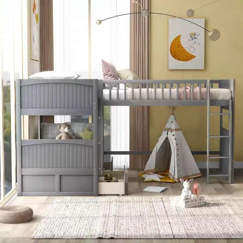 Lits superposés en bois en forme de L jumeaux avec 3 tiroirs de rangement, lit mezzanine triple en bois jumeau sur jumeau pour 3 enfants