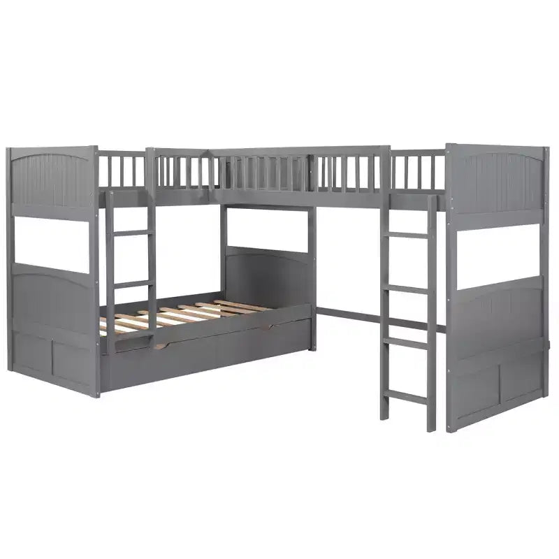Lits superposés en bois en forme de L jumeaux avec 3 tiroirs de rangement, lit mezzanine triple en bois jumeau sur jumeau pour 3 enfants