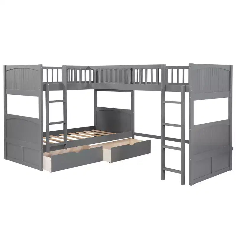 Lits superposés en bois en forme de L jumeaux avec 3 tiroirs de rangement, lit mezzanine triple en bois jumeau sur jumeau pour 3 enfants