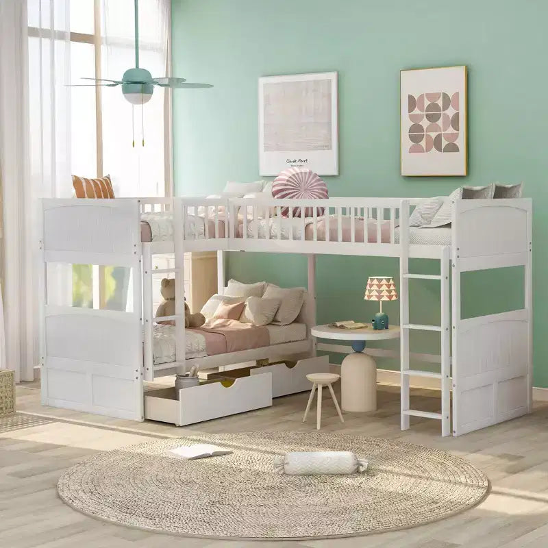 Lits superposés en bois en forme de L jumeaux avec 3 tiroirs de rangement, lit mezzanine triple en bois jumeau sur jumeau pour 3 enfants