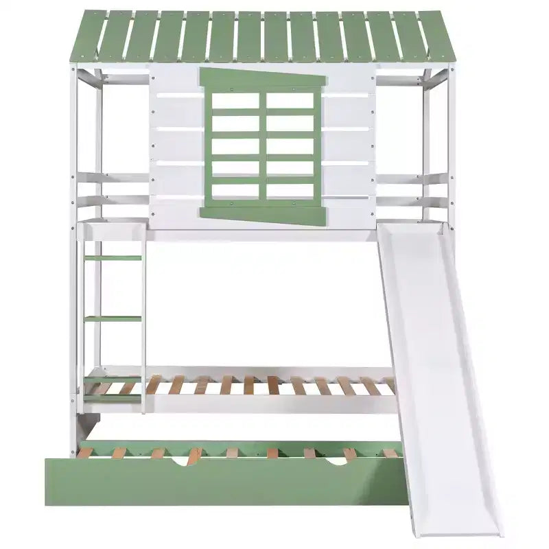 Lit superposé cabane double sur double avec toboggan convertible et lit gigogne, cadre de lit cabane en bois pour enfants garçons filles adolescents, blanc