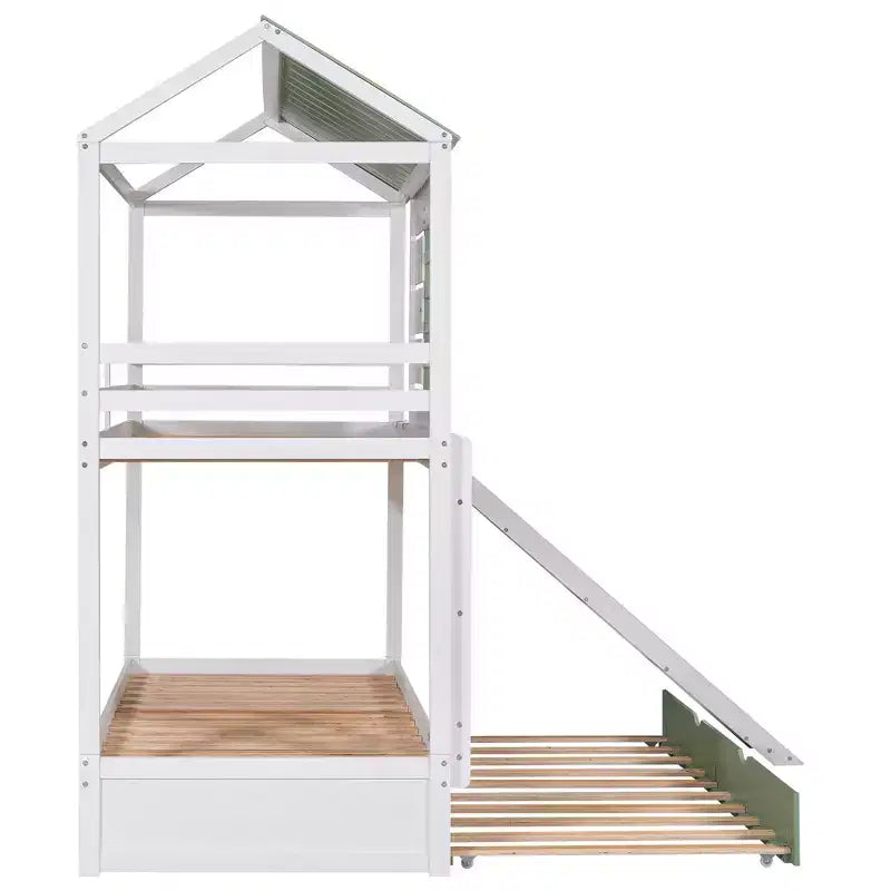 Lit superposé cabane double sur double avec toboggan convertible et lit gigogne, cadre de lit cabane en bois pour enfants garçons filles adolescents, blanc
